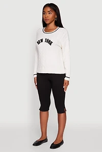 Womens New York Graphic Cable Knit Sweater, White, Size L