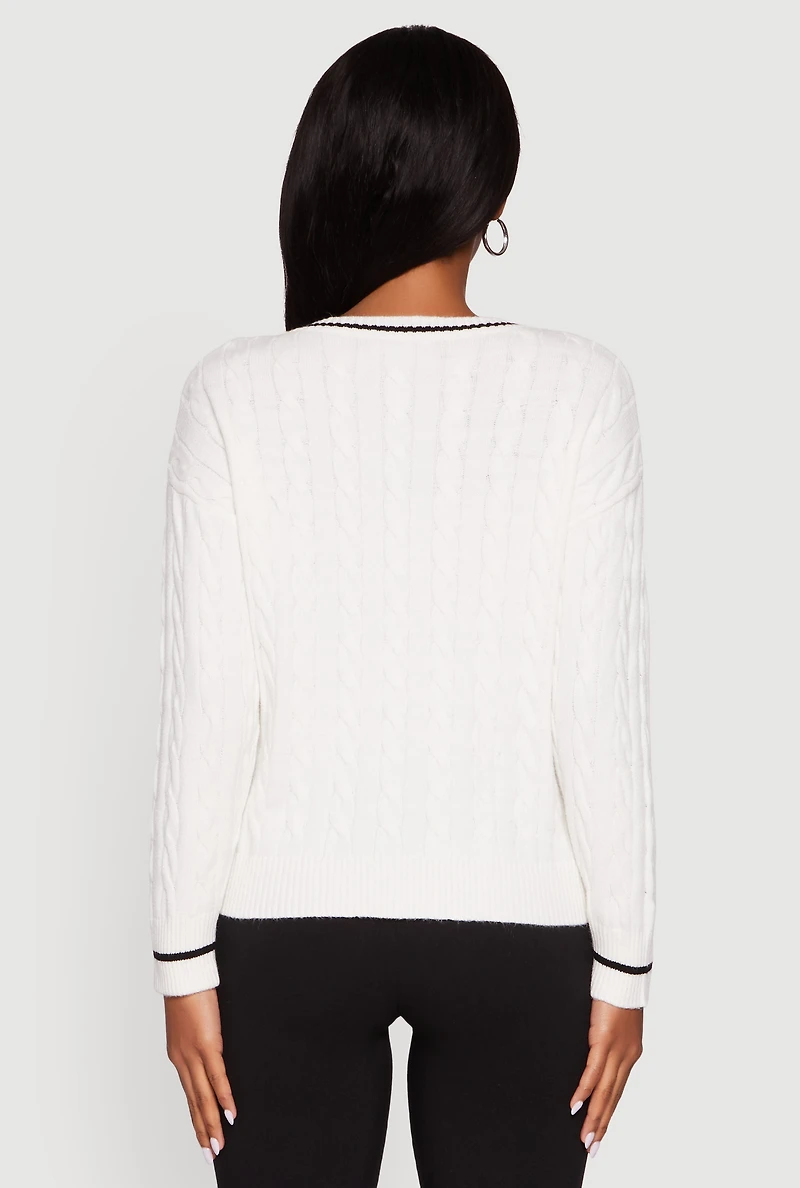 Womens New York Graphic Cable Knit Sweater, White, Size L