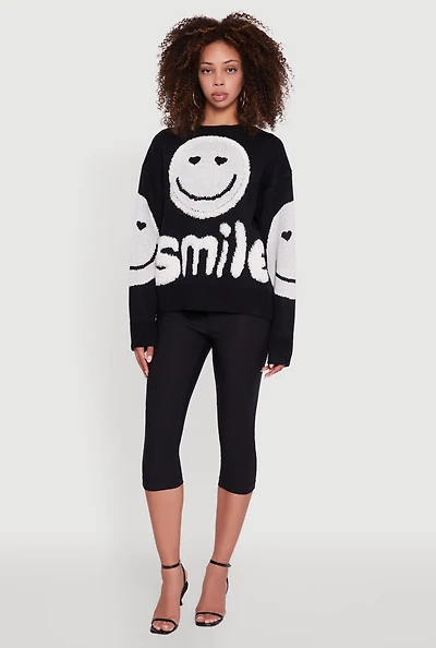 Womens Tufted Knit Smiley Graphic Pullover Sweater, Black, Size XL