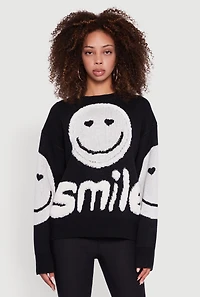 Womens Tufted Knit Smiley Graphic Pullover Sweater, Black, Size XL