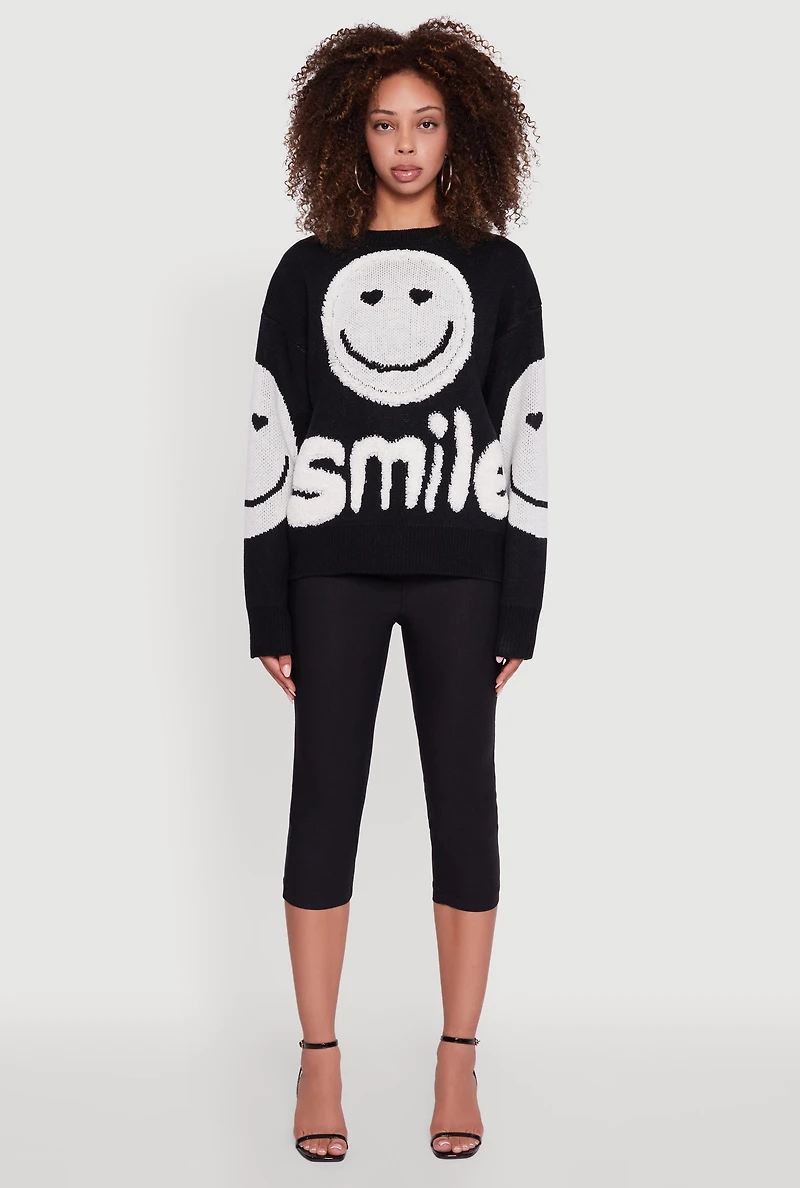 Womens Tufted Knit Smiley Graphic Pullover Sweater, Black, Size XL