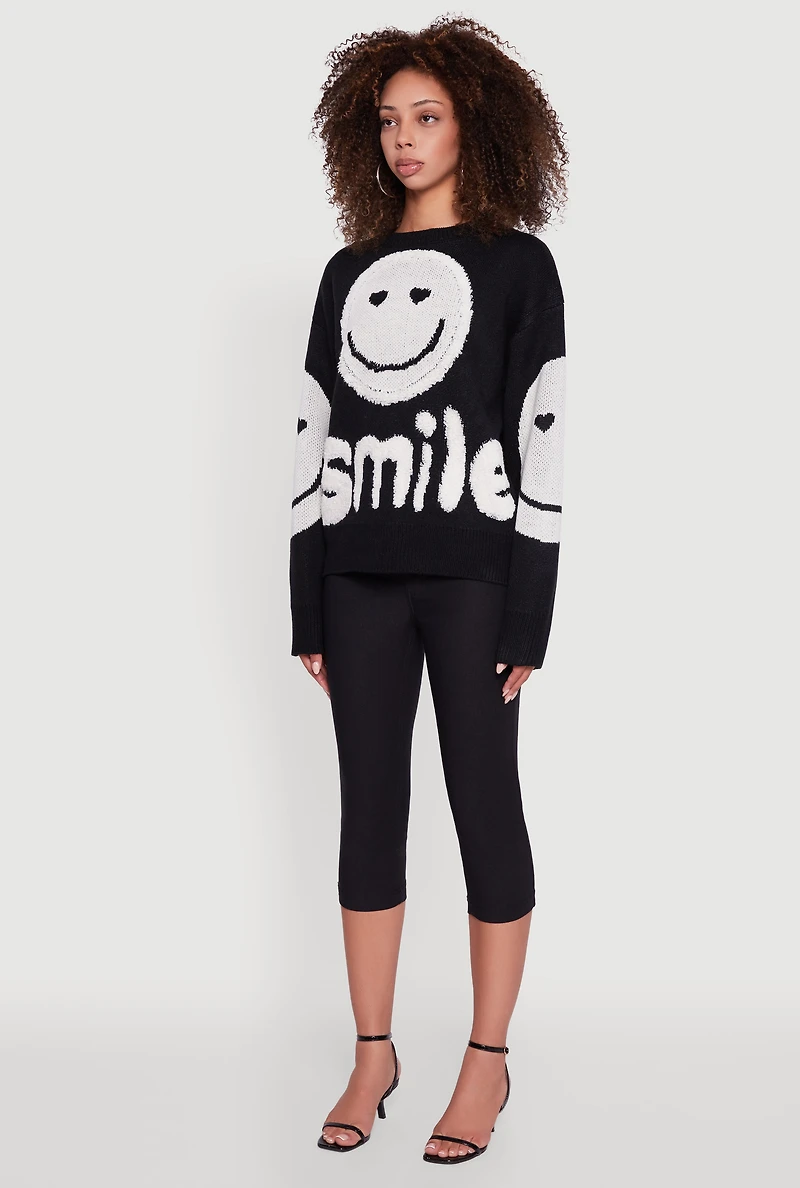Womens Tufted Knit Smiley Graphic Pullover Sweater, Black, Size XL