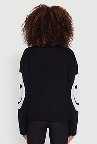 Womens Tufted Knit Smiley Graphic Pullover Sweater, Black, Size XL