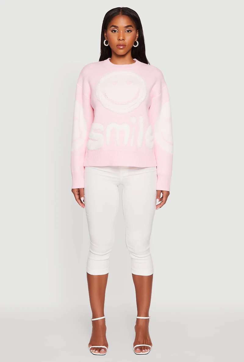 Womens Tufted Knit Smiley Graphic Pullover Sweater, Pink, Size XL