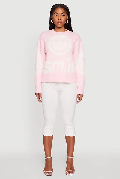 Womens Tufted Knit Smiley Graphic Pullover Sweater, Pink, Size XL