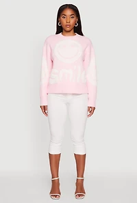 Womens Tufted Knit Smiley Graphic Pullover Sweater, Pink, Size XL