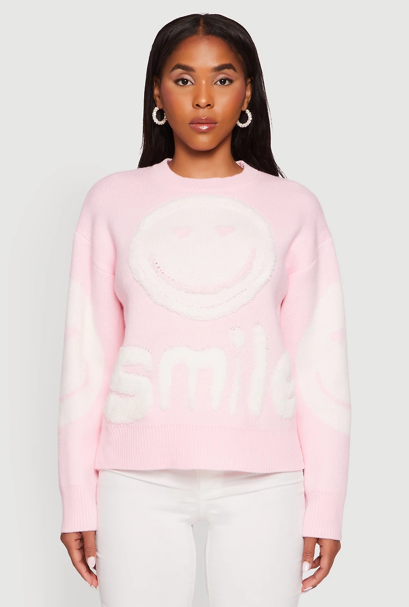 Womens Tufted Knit Smiley Graphic Pullover Sweater, Pink, Size XL