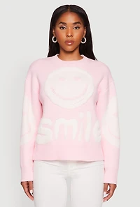 Womens Tufted Knit Smiley Graphic Pullover Sweater, Pink, Size XL