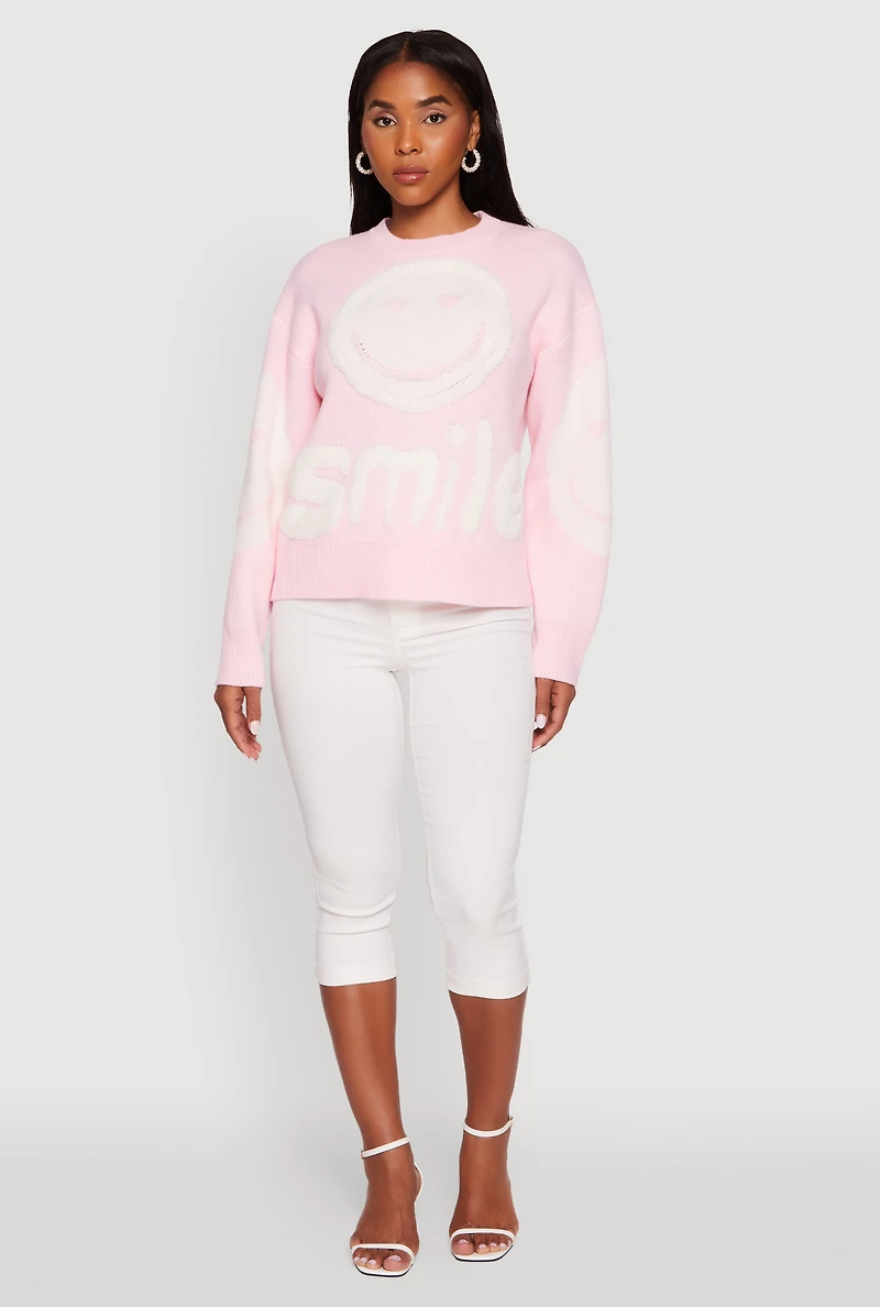 Womens Tufted Knit Smiley Graphic Pullover Sweater, Pink, Size XL