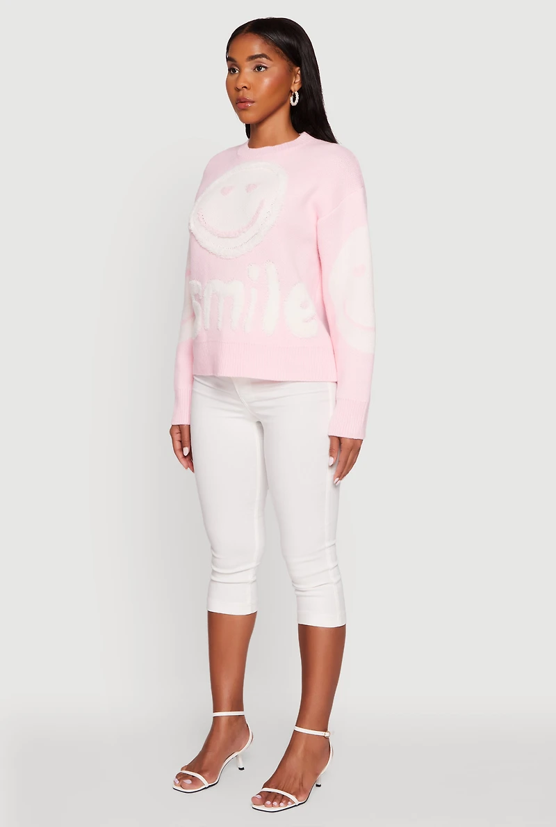 Womens Tufted Knit Smiley Graphic Pullover Sweater, Pink, Size XL