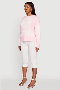 Womens Tufted Knit Smiley Graphic Pullover Sweater, Pink, Size XL