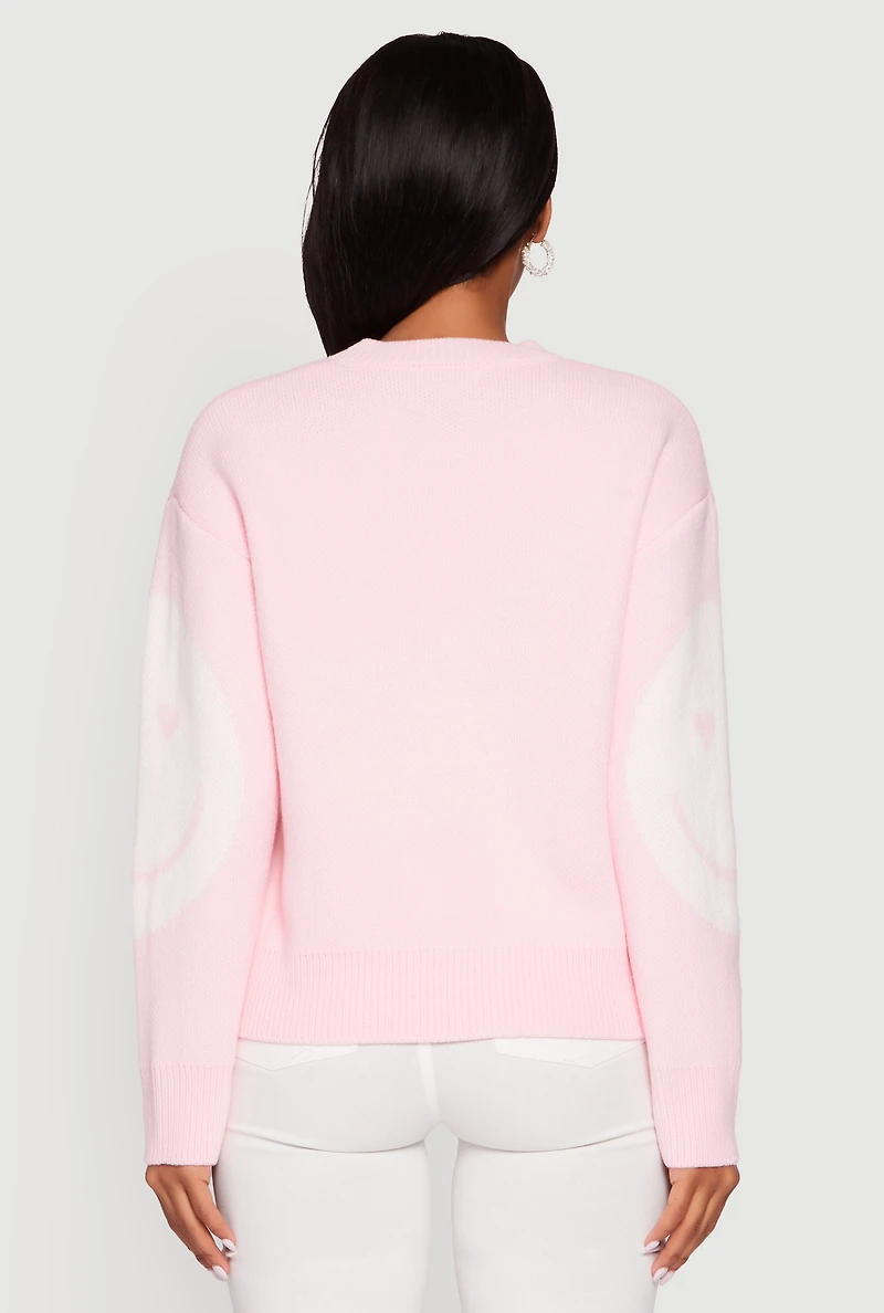 Womens Tufted Knit Smiley Graphic Pullover Sweater, Pink, Size XL