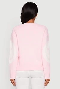 Womens Tufted Knit Smiley Graphic Pullover Sweater, Pink, Size XL