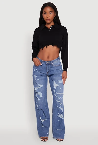 Womens Frayed High Low Hem Cropped Long Sleeve Sweater,