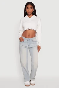 Frayed High Low Hem Cropped Long Sleeve Sweater