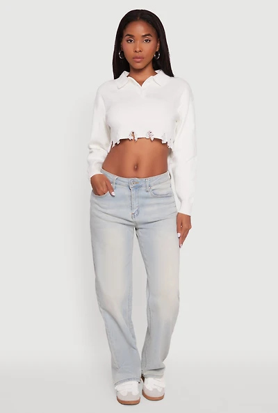 Frayed High Low Hem Cropped Long Sleeve Sweater