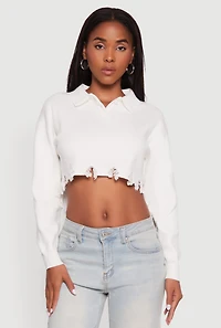 Frayed High Low Hem Cropped Long Sleeve Sweater