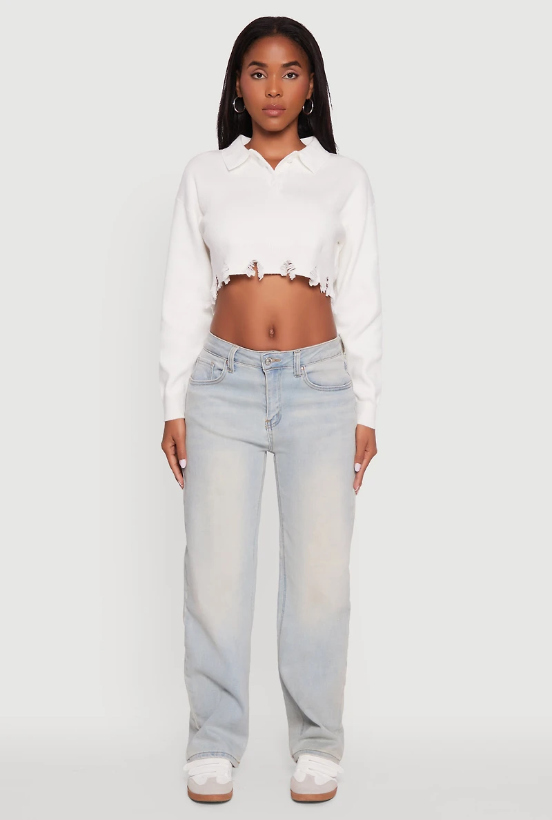 Frayed High Low Hem Cropped Long Sleeve Sweater