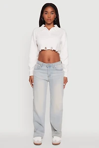 Frayed High Low Hem Cropped Long Sleeve Sweater