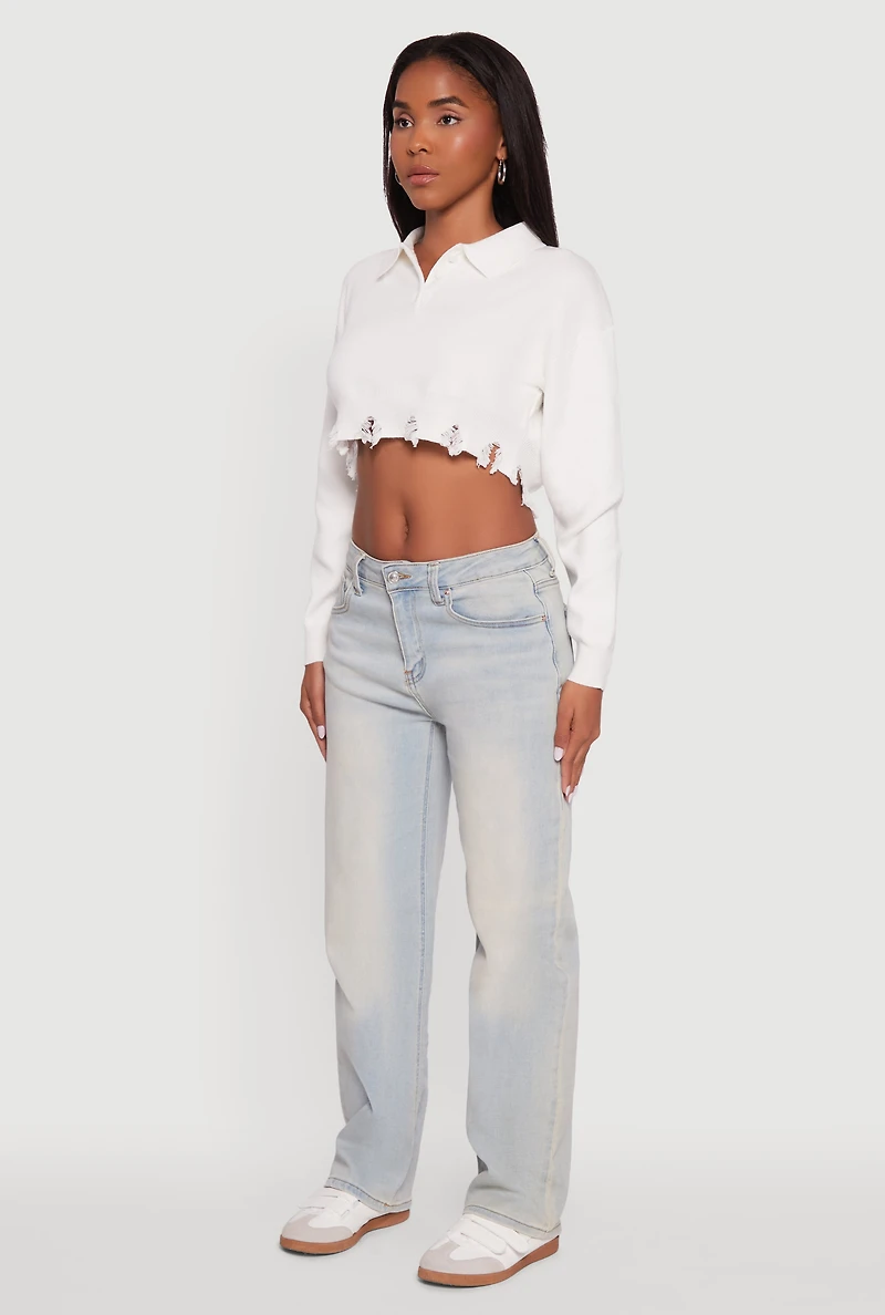 Frayed High Low Hem Cropped Long Sleeve Sweater