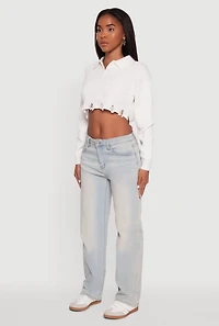Frayed High Low Hem Cropped Long Sleeve Sweater