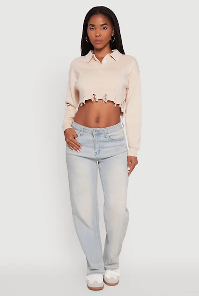 Womens Frayed High Low Hem Cropped Long Sleeve Sweater,