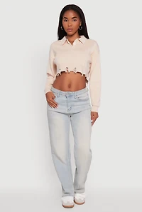 Womens Frayed High Low Hem Cropped Long Sleeve Sweater,