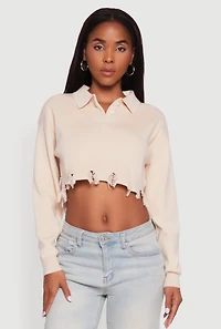 Womens Frayed High Low Hem Cropped Long Sleeve Sweater, L