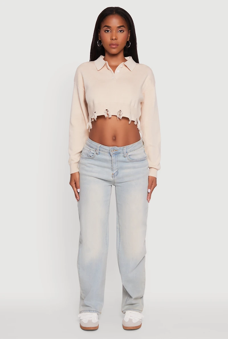 Womens Frayed High Low Hem Cropped Long Sleeve Sweater, L