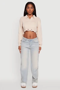 Womens Frayed High Low Hem Cropped Long Sleeve Sweater, L