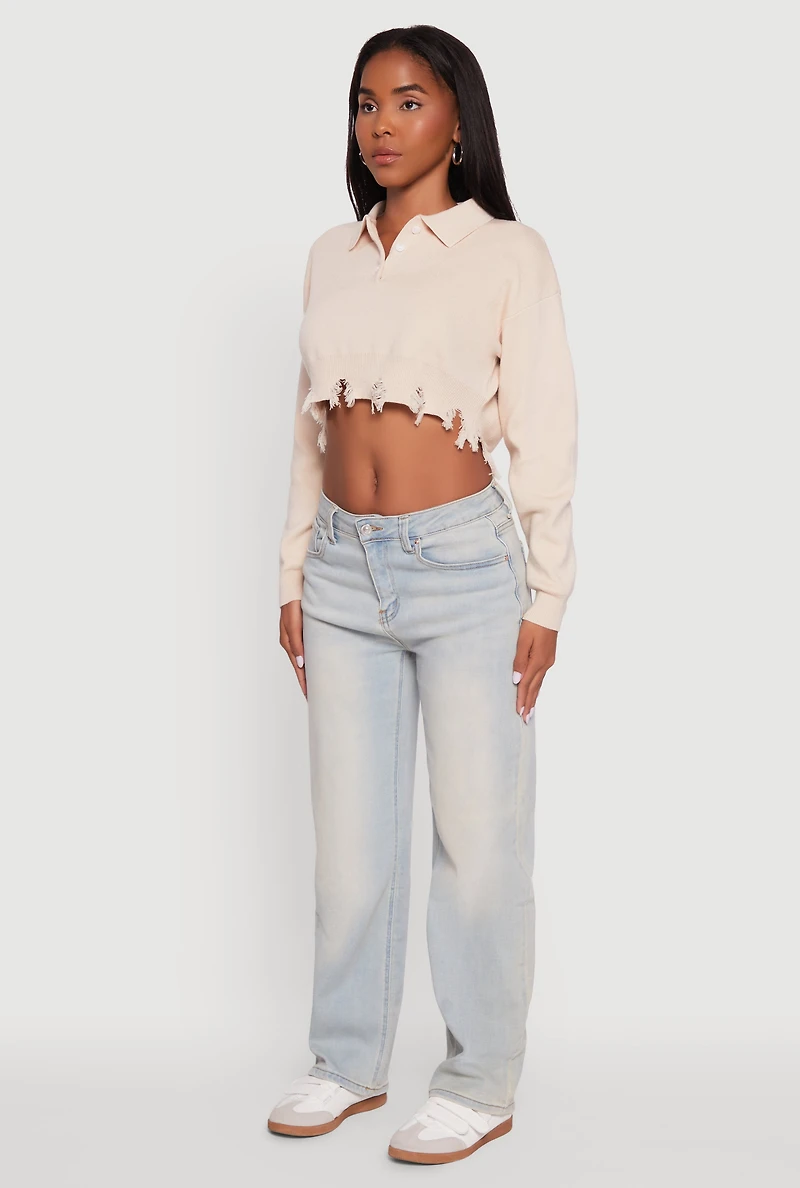 Womens Frayed High Low Hem Cropped Long Sleeve Sweater, L