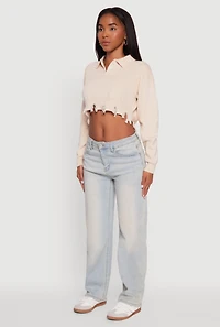 Womens Frayed High Low Hem Cropped Long Sleeve Sweater, L