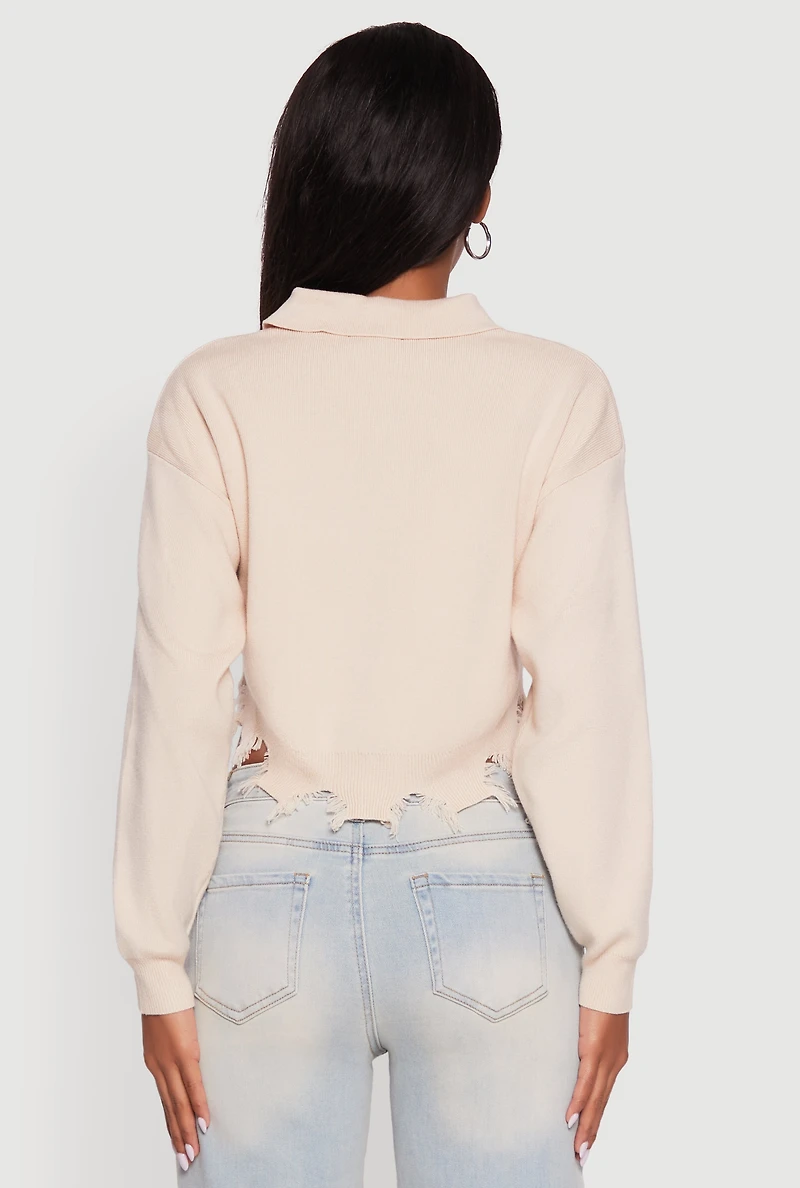 Womens Frayed High Low Hem Cropped Long Sleeve Sweater,