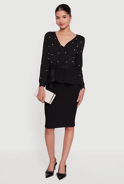 Womens Faux Pearl Wrap Peplum Sweater with Tie Waist Belt,