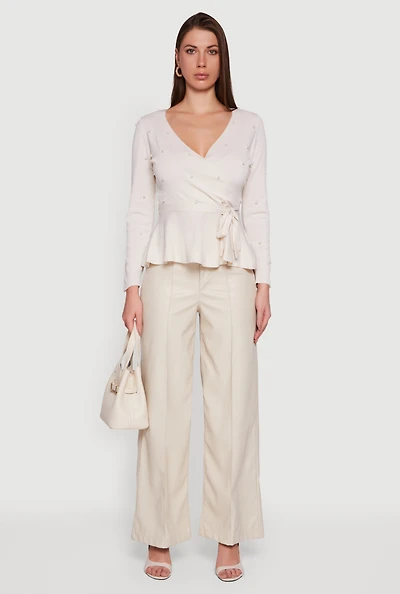 Faux Pearl Wrap Peplum Sweater with Tie Waist Belt