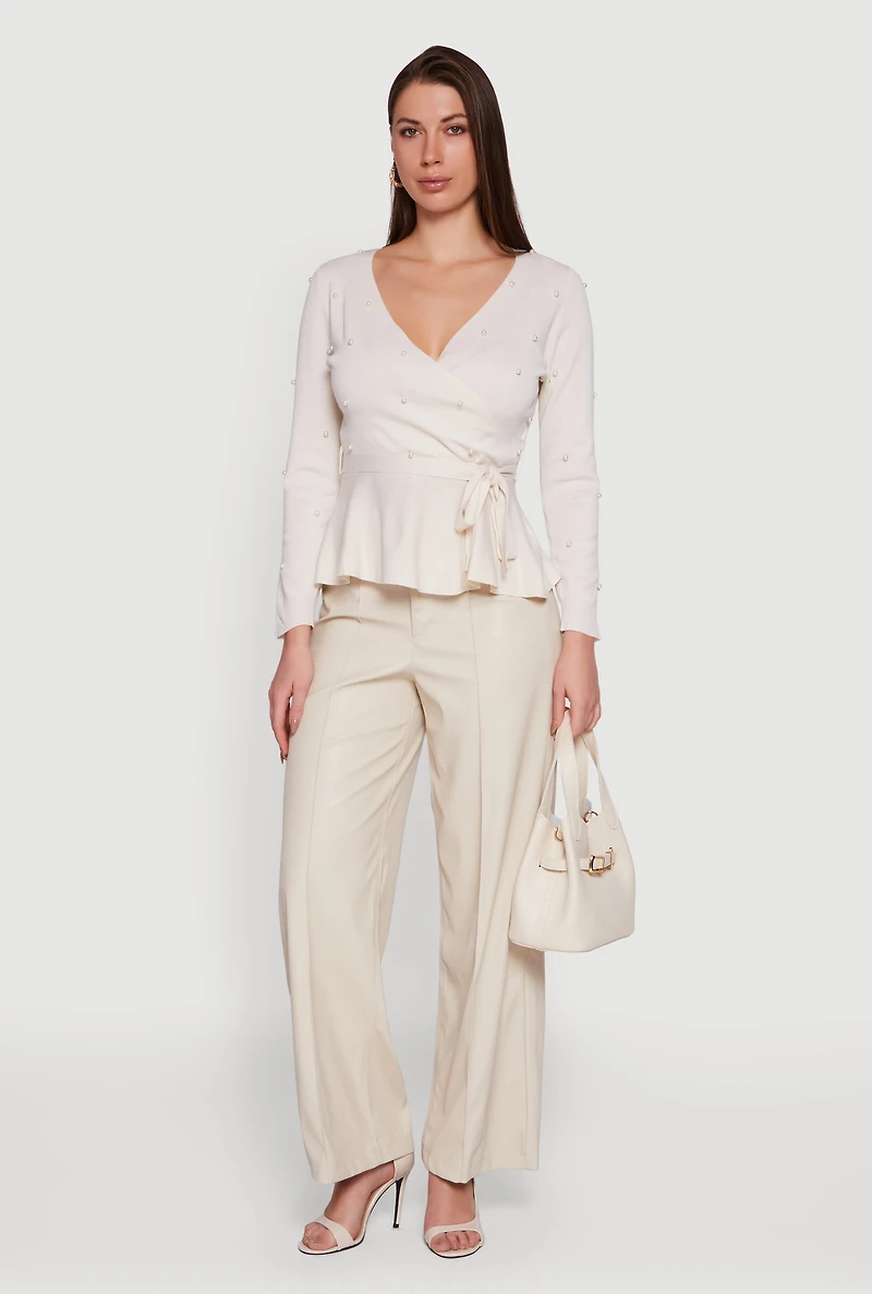 Faux Pearl Wrap Peplum Sweater with Tie Waist Belt