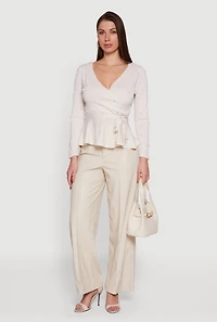 Faux Pearl Wrap Peplum Sweater with Tie Waist Belt