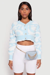 Womens Daisy Tufted Knit Cropped Cardigan, Blue, Size L