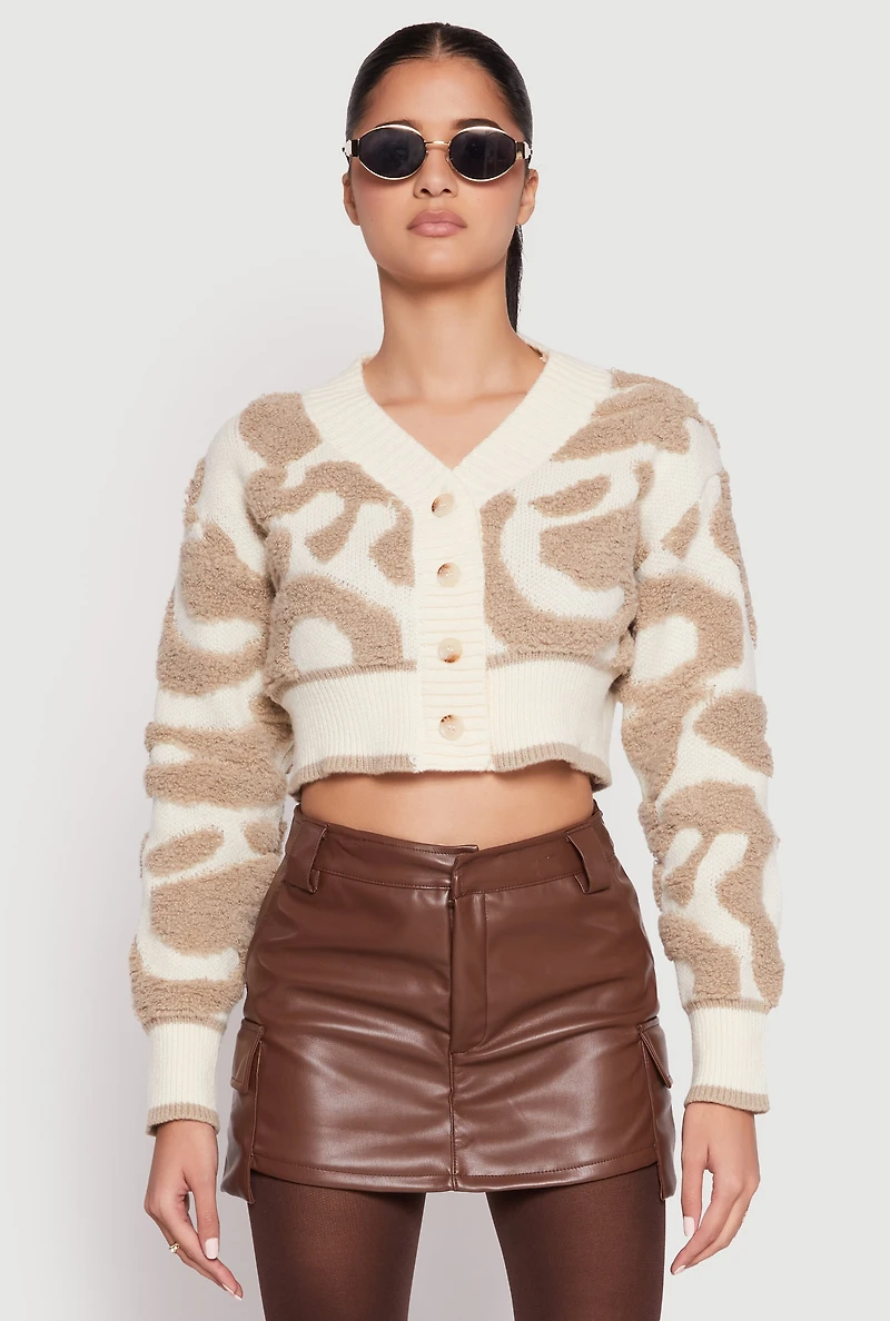 Womens Daisy Tufted Knit Cropped Cardigan, Beige, Size L