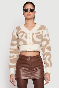 Womens Daisy Tufted Knit Cropped Cardigan, Beige, Size L