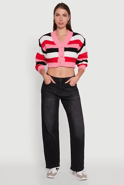 Daisy Striped V-Neck Button Front Cropped Cardigan