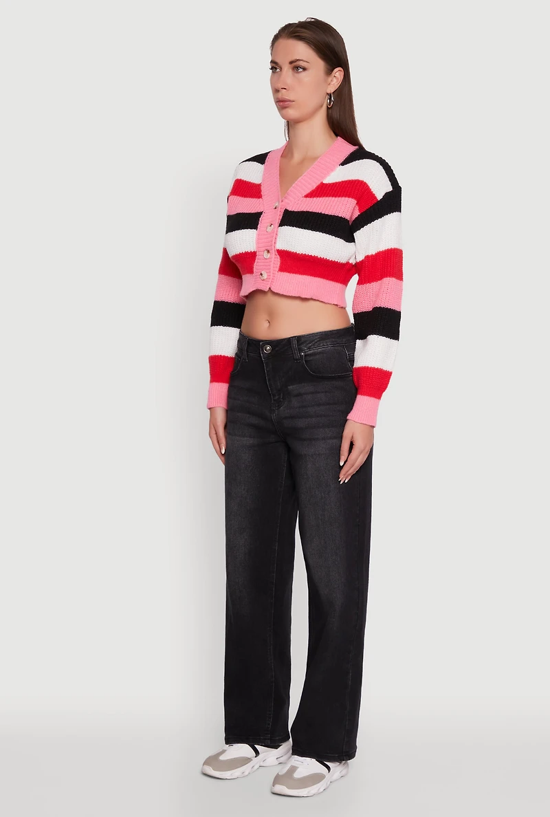 Daisy Striped V-Neck Button Front Cropped Cardigan