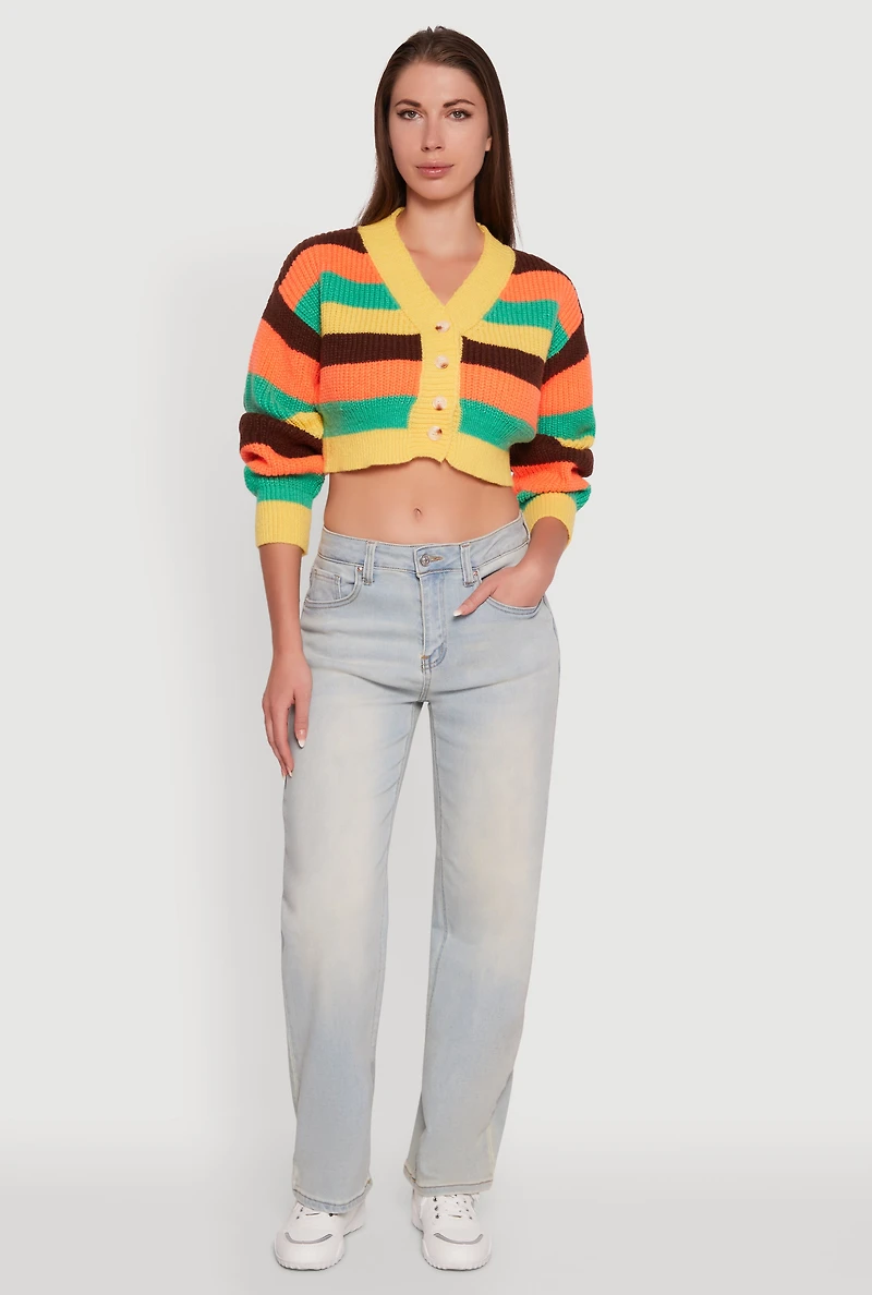 Womens Daisy Striped V-Neck Button Front Cropped Cardigan, Multi,
