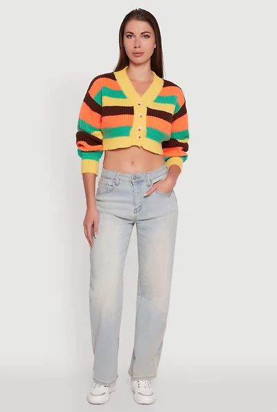 Womens Daisy Striped V-Neck Button Front Cropped Cardigan, Multi, Size M