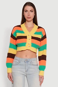 Womens Daisy Striped V-Neck Button Front Cropped Cardigan, Multi,