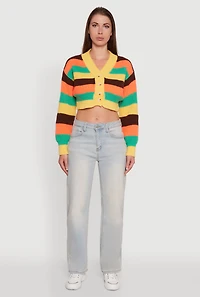 Womens Daisy Striped V-Neck Button Front Cropped Cardigan, Multi,