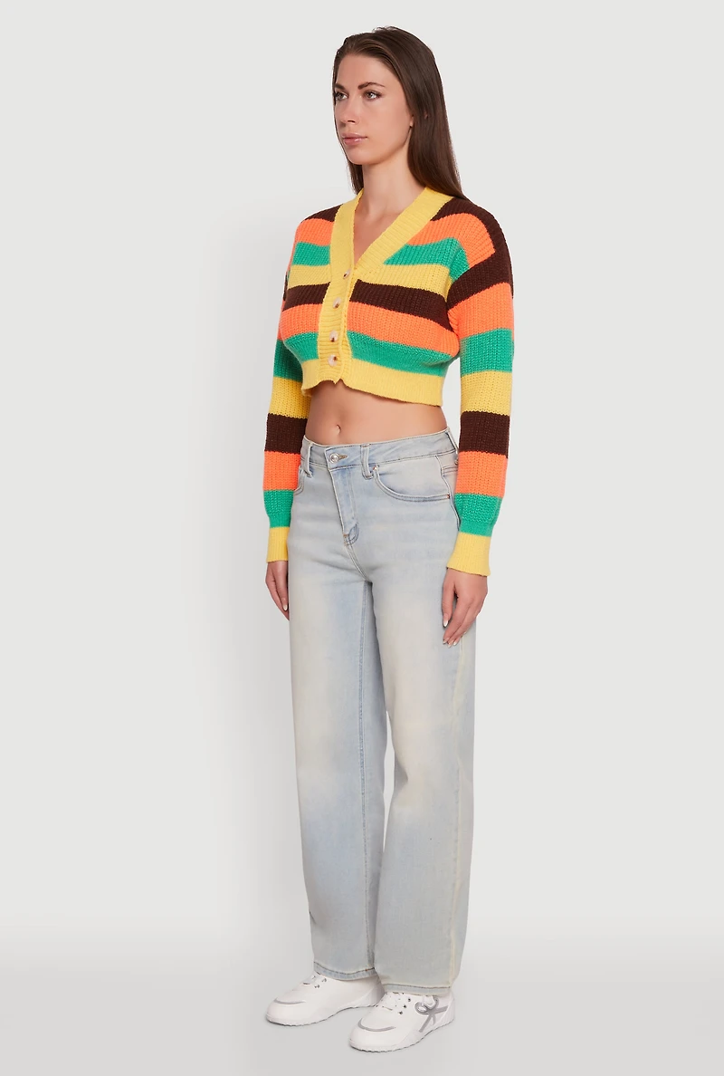 Womens Daisy Striped V-Neck Button Front Cropped Cardigan, Multi,
