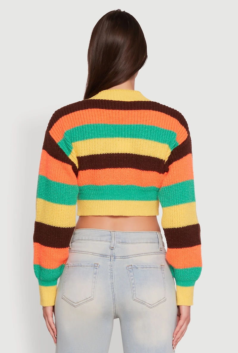 Womens Daisy Striped V-Neck Button Front Cropped Cardigan, Multi,