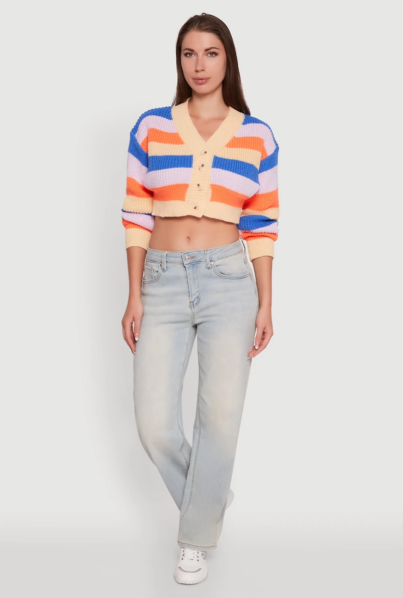 Womens Daisy Striped V-Neck Button Front Cropped Cardigan, Multi,