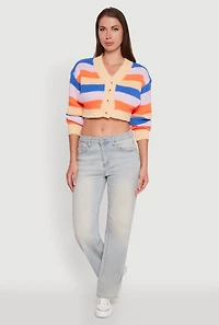 Womens Daisy Striped V-Neck Button Front Cropped Cardigan, Multi,